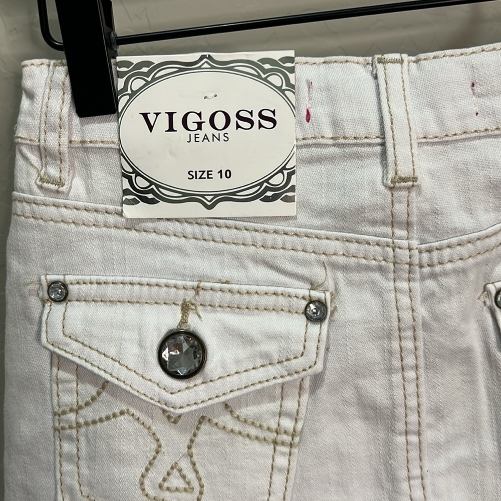 Vigoss Skirt Jean Girl Size 10 White Adjustable Waist Bling Rhinestone Fray Mini - Picture 7 of 10
